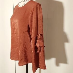 Caramela|Womens Brown Rust Satin Top Tie Sleeves Mod Trendy Neutral Sz. Medium
